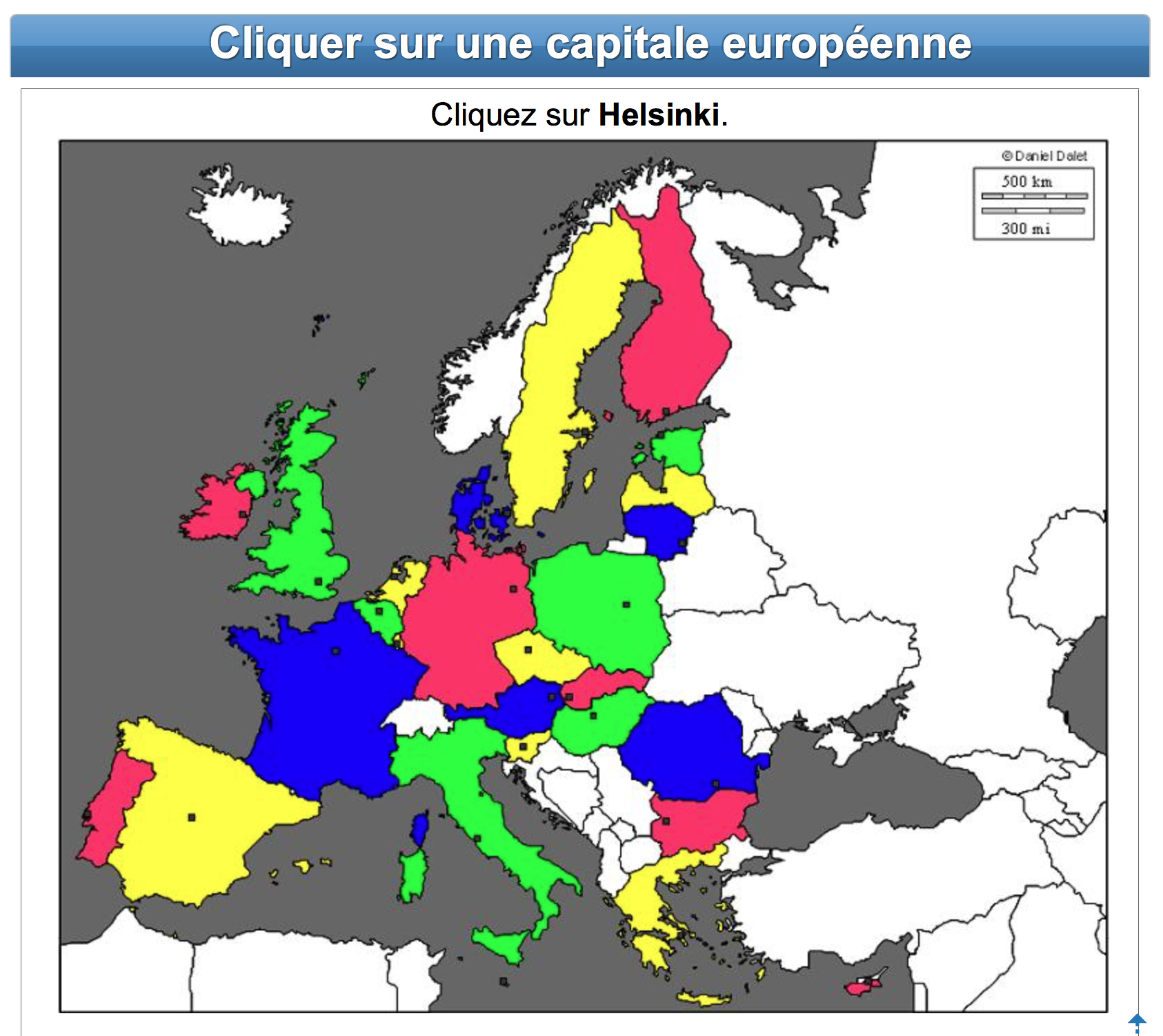 exercice de géographie dans lequel on voit une carte de l'Europe sur laquelle il faut pouvoir placer une capitale.